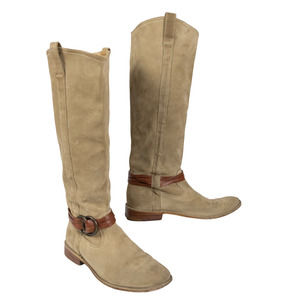 FRYE Tan Suede Riding Boots Knee High Leather Strap 77647 Women's Size 8.5